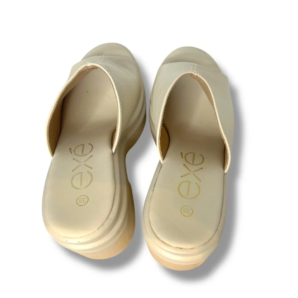 EXE TM 403 Wedge‎ Heel Platform Sandals Beige Size 38 Slip On Open Toe Chunky